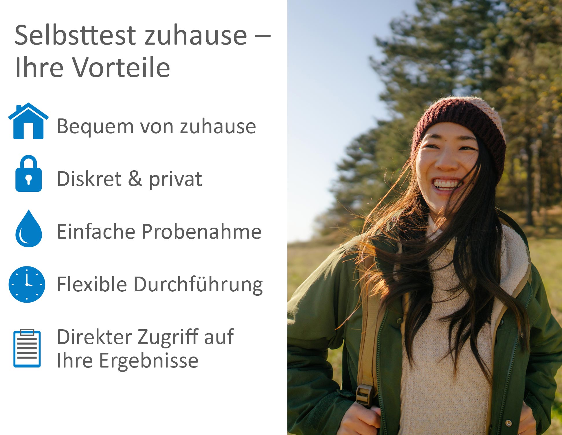 Frau im Freien steht für bequeme und diskrete Selbsttests zuhause