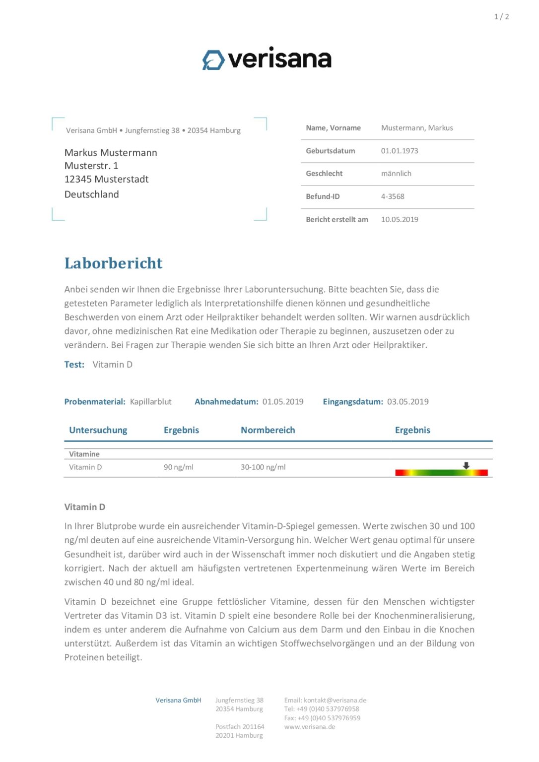 Vitamin D Test per Blutprobe von zu Hause Verisana Labor